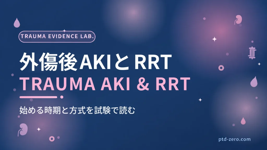 外傷後の急性腎障害と腎代替療法のアイキャッチ：紺地に『外傷後AKIとRRT』とTRAUMA AKI & RRTの文字