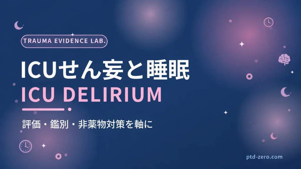 ICUせん妄と睡眠のアイキャッチ：紺地に『ICUせん妄と睡眠』とICU DELIRIUMの文字