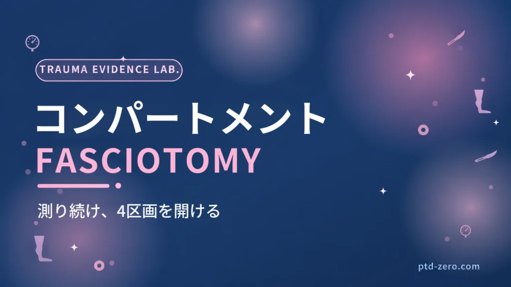 四肢コンパートメント症候群のアイキャッチ：紺地に『コンパートメント』とFASCIOTOMYの文字