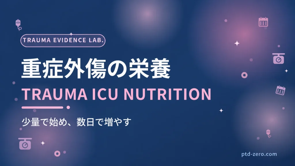 重症外傷の栄養療法のアイキャッチ：紺地に『重症外傷の栄養』とTRAUMA ICU NUTRITIONの文字