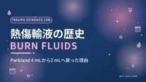 熱傷輸液のエビデンスヒストリーのアイキャッチ：紺地に『熱傷輸液の歴史』とBURN FLUIDSの文字