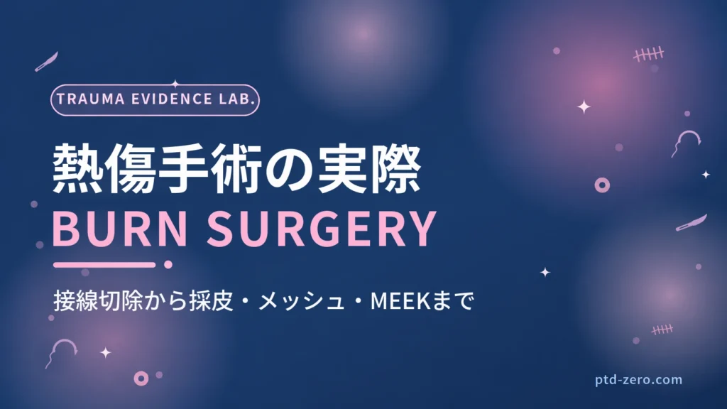 熱傷手術の実際のアイキャッチ：紺地に『熱傷手術の実際』とBURN SURGERYの文字