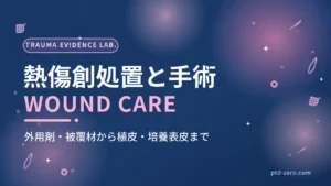 熱傷創処置と手術のアイキャッチ：紺地に『熱傷創処置と手術』とWOUND CAREの文字